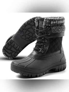 Women's Black Quilted Winter Lace-Up Boots with Knit Collar Size 6